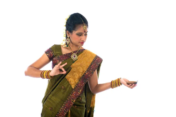 Indian woman in traditional clothes with lamp — Stock Photo, Image