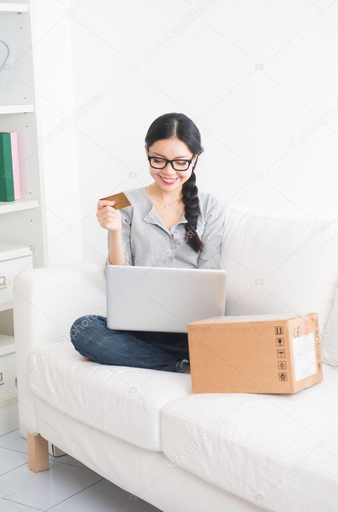 asian casual female online shopping