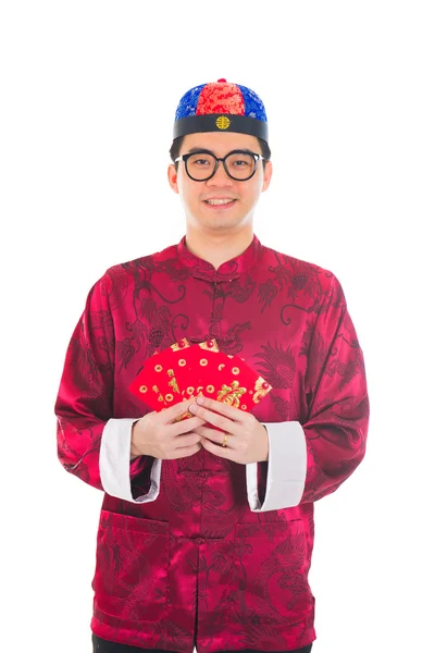 Chinese man with red packets — Stock Photo, Image