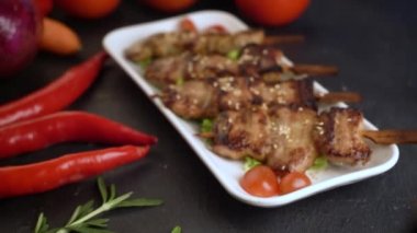 close up footage of Satay goat satay, lamb, lamb or meat goat satay