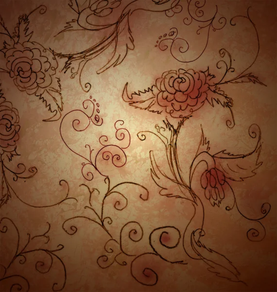 Brun grunge papper med handen ritade blommor — Stockfoto