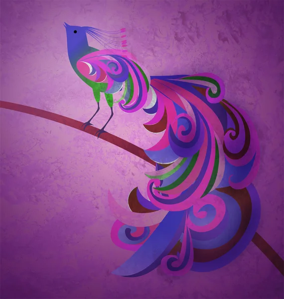 Grunge illustration of decorative peacock (peafowl) bird sitting — Stock Photo, Image