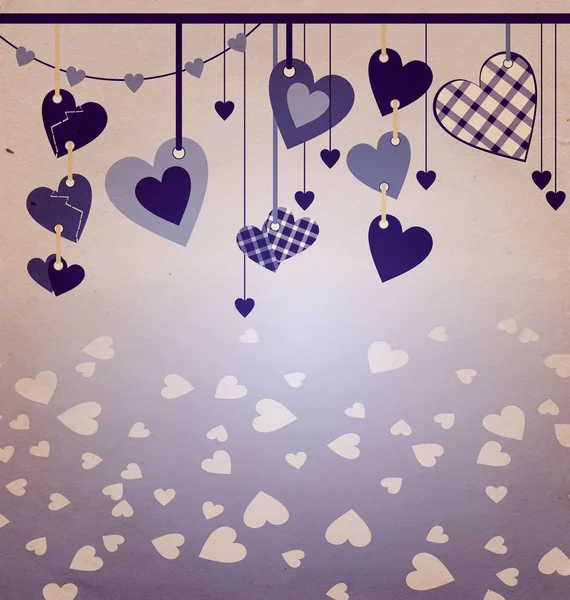 Blue colors hanging hearts old paper — Stock Photo, Image