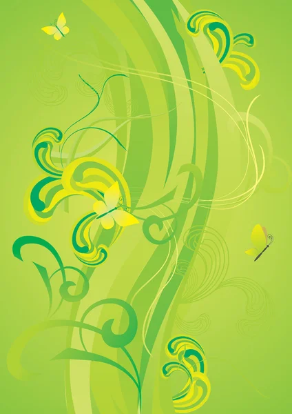 緑色のカーブと蝶 — ストックベクタ