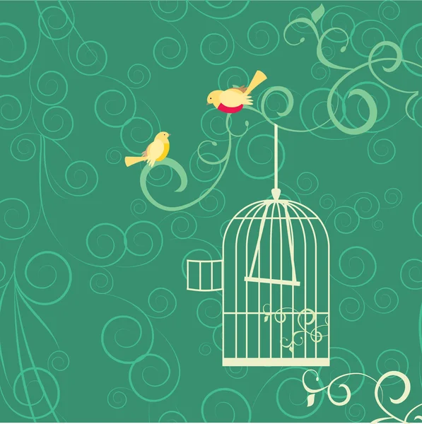 Pareja de pájaros amarillos, jaula abierta — Archivo Imágenes Vectoriales