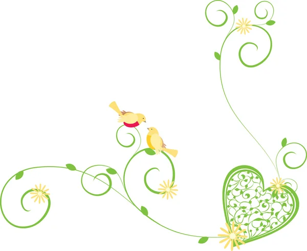 Coeur avec des fleurs et des oiseaux ornés — Image vectorielle