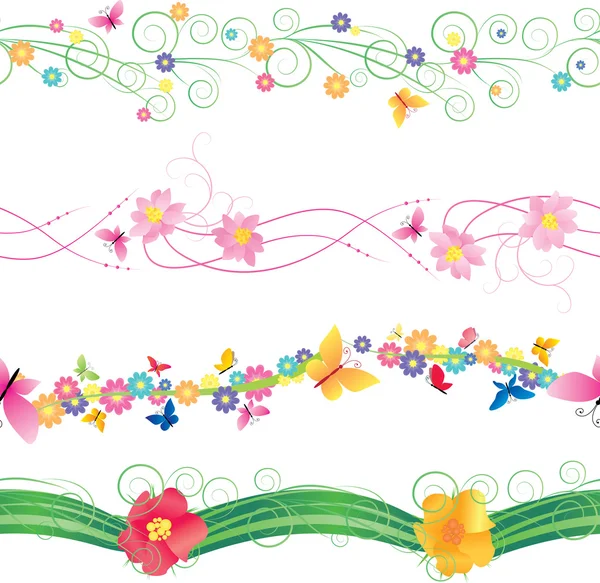 Flowers and butterflies borders vector isolated on white for easter and mothers day — Stock Vector