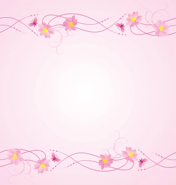 Flores magenta, mariposas y flores borde fondo — Vector de stock