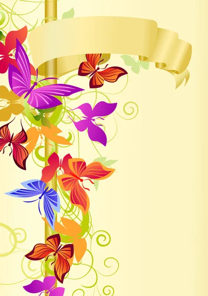 Altın afiş ve kelebekler — Stok Vektör