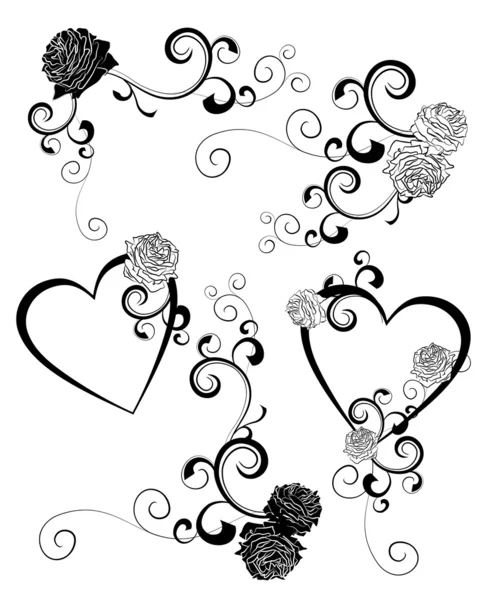Cœurs noirs et blancs et courbes de roses — Image vectorielle