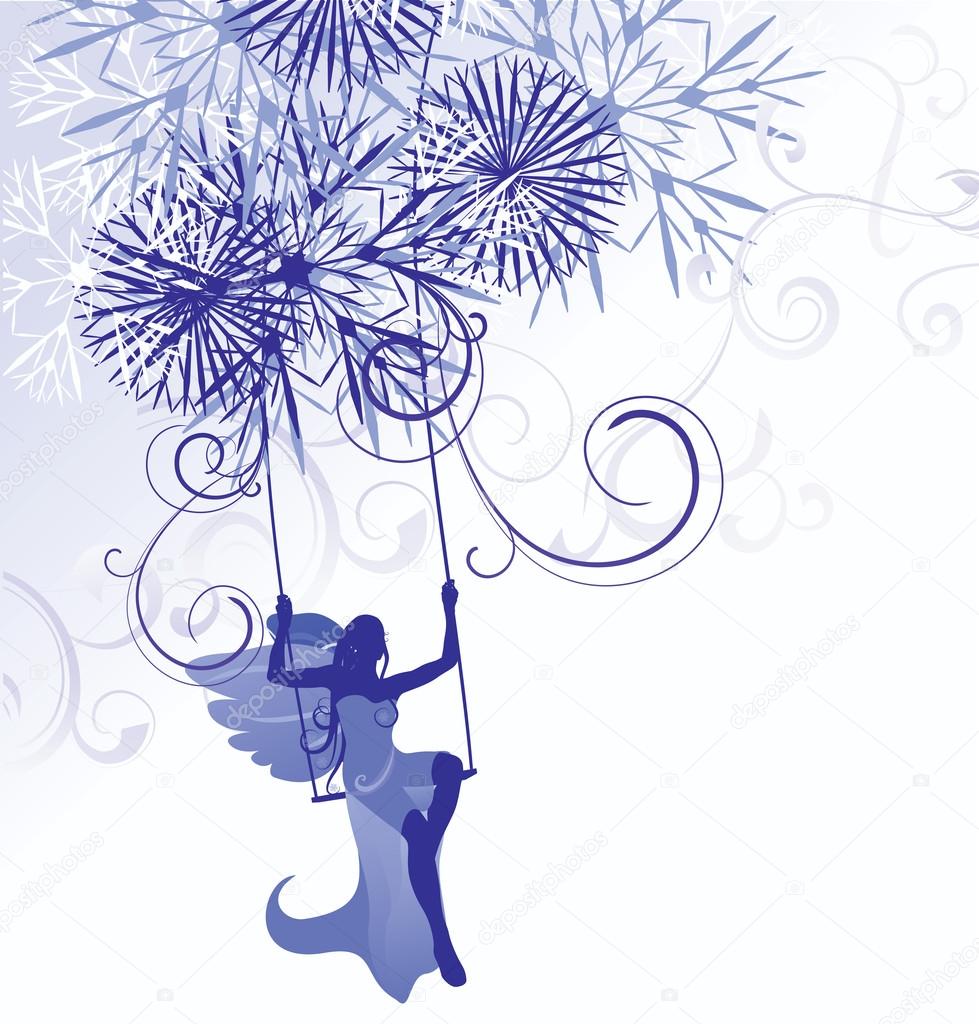 Christmas winter vector blue illustration of angel woman on swings with detailed snowflakes