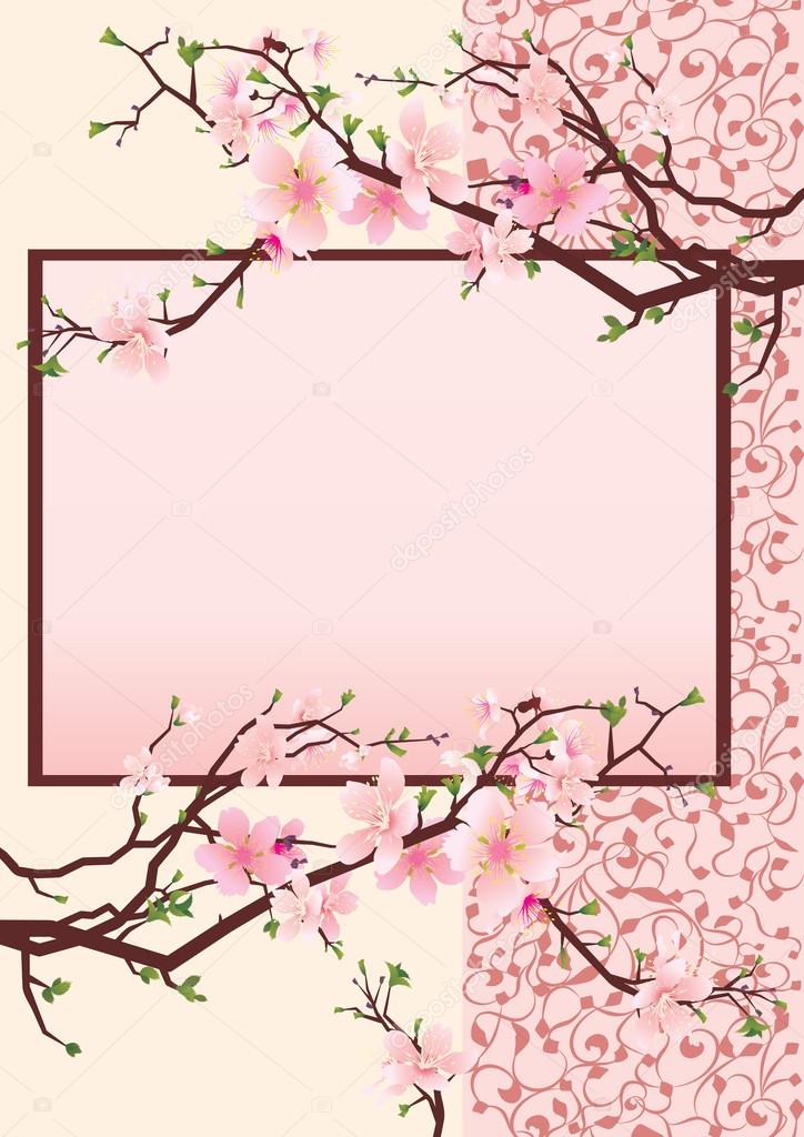 pink japan cherry blossom frame on flourishes background vector honeysuckle color