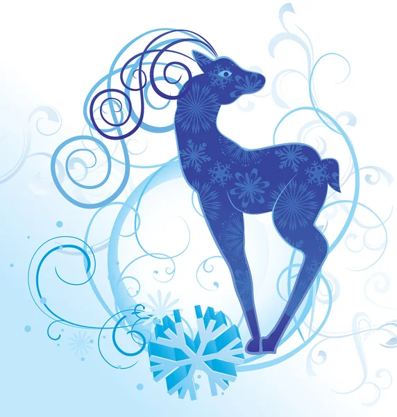 Blauer Vektor Weihnachten Hirsch mit blühenden Kreisen und Schneeflocken Illustration — Stockvektor