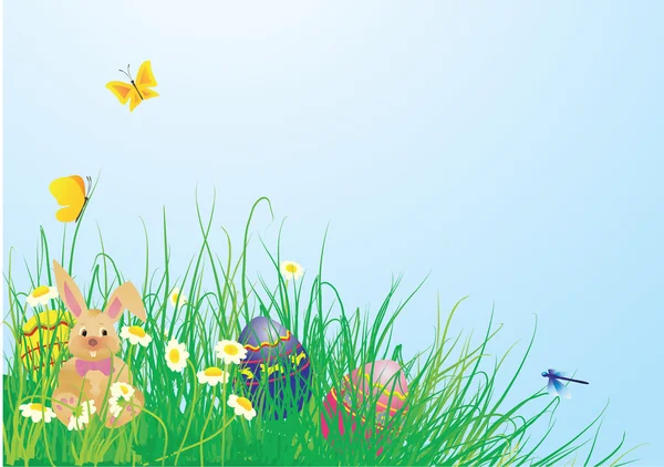 Lapin de Pâques et œufs dans l'herbe — Image vectorielle