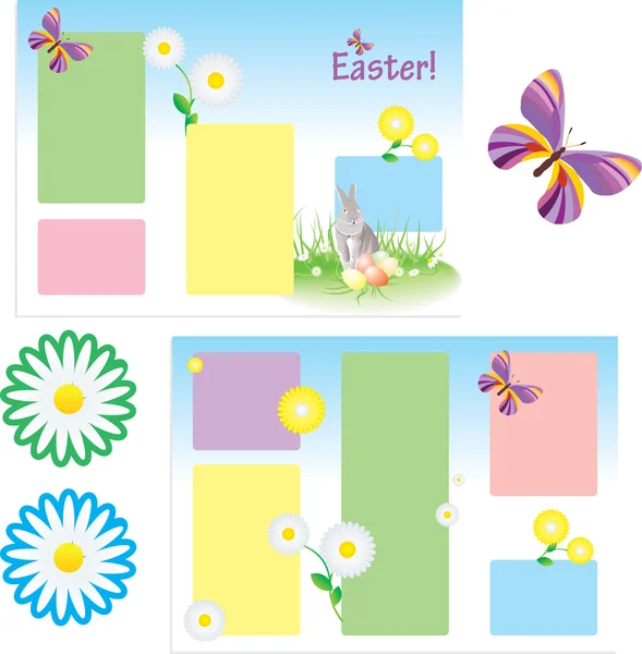 Modèle vectoriel à trois dossiers pour Pâques de printemps avec papillon et fleurs et lapin — Image vectorielle