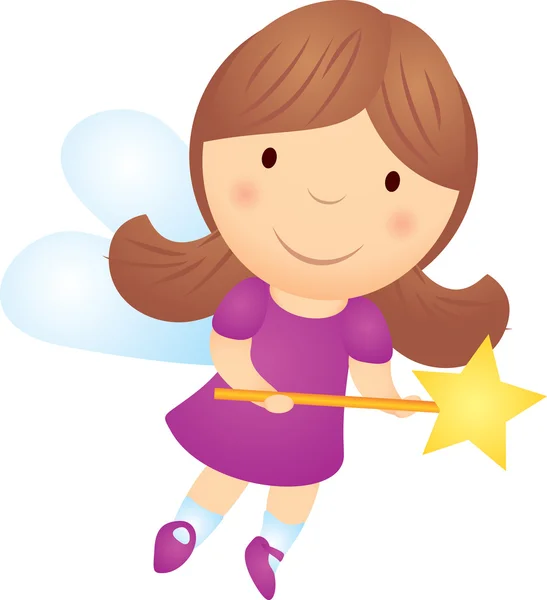 Vettore cartone animato bambina fata con bacchetta magica isolato su illustrazione bianca — Vettoriale Stock