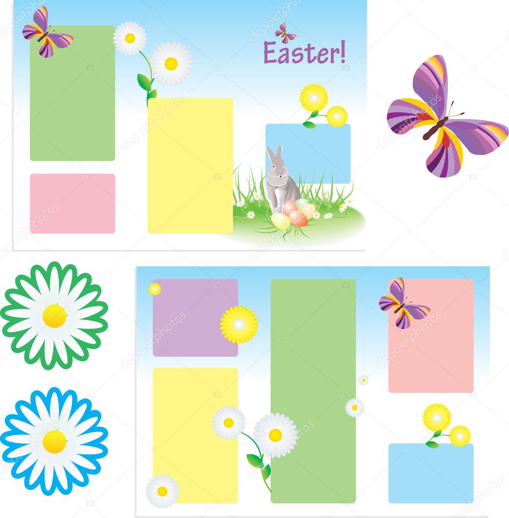 Modello di cartella di tre vettoriale per primavera Pasqua con farfalla e fiori e coniglio —
