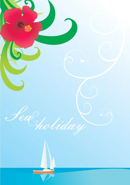 游艇的蓝色的大海与热带花卉 — 图库矢量图片