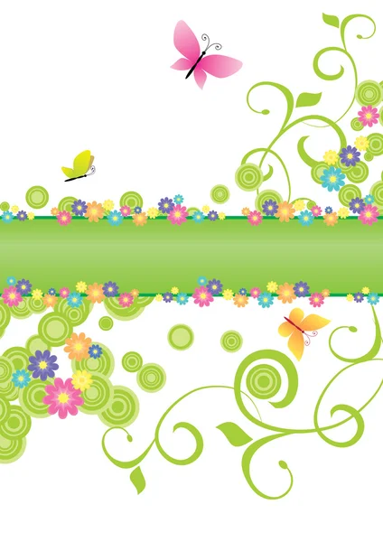 Banner de verano verde con mariposas y flores — Vector de stock