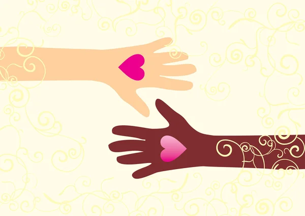 Two hands with hearts white and brown skin friendship and love — Stock Vector