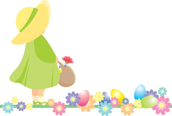 Girl in green dress gather easter eggs — Stock Vector