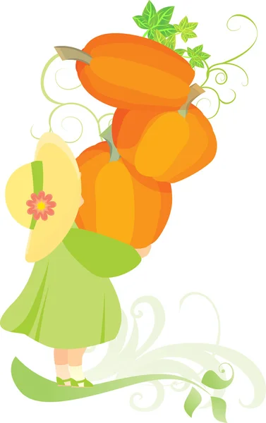 Girl in hat holding pumpkins — Stock Vector