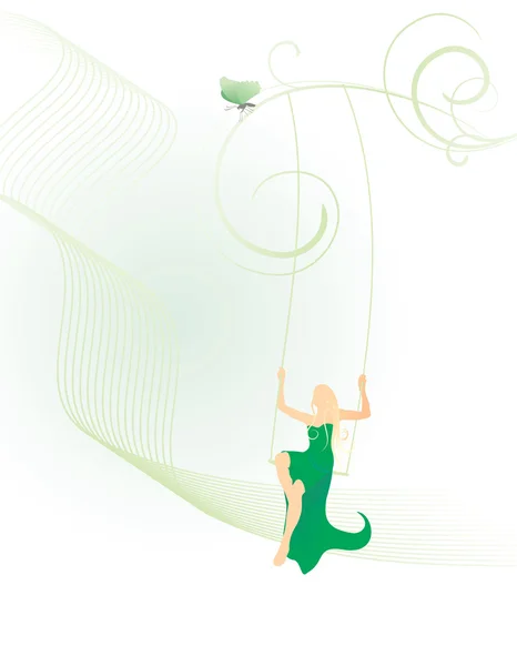 Young woman in green dress swinging — Stock Vector