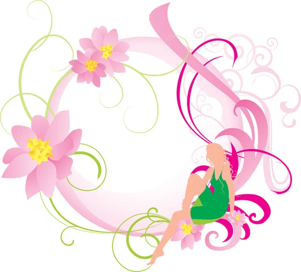 Pink flowers round girl frame — Stock Vector