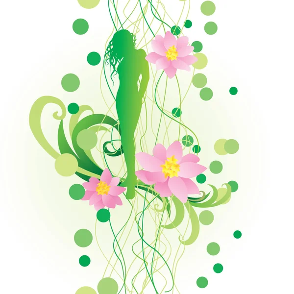 Green fairy with pink flowers — Stock Vector