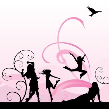pembe bir arka plan üzerinde dans eden kızlar