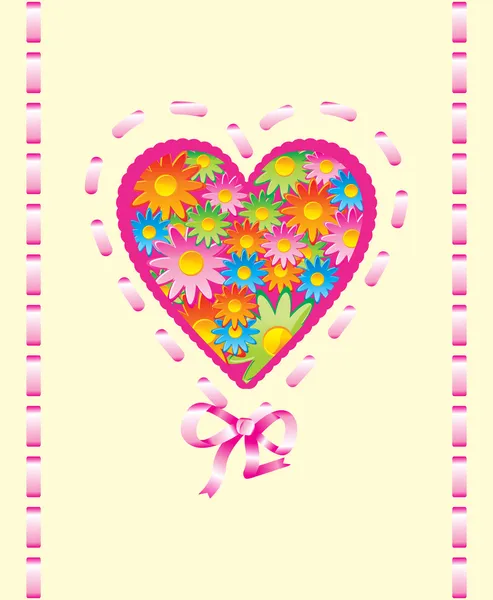 Corazón de flores con cintas rosas — Vector de stock