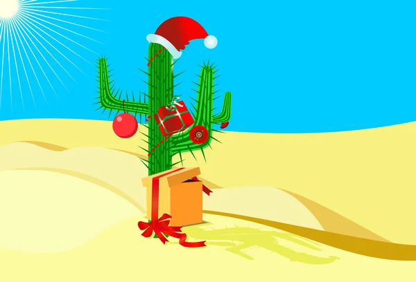 Natale cactus cielo blu e sabbia gialla — Vettoriale Stock