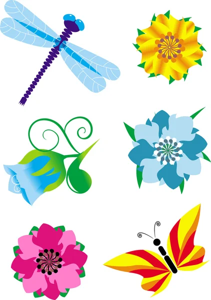 Color vector butterflies and flowers set — Stock Vector