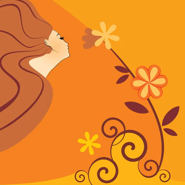 Oranje achtergrond met meisje en bloemen — Stockvector