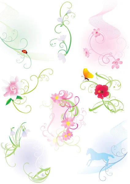 Set mit Blumen, Schmetterling und Marienkäfer — Stockvektor
