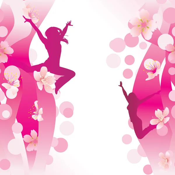 Прыжки женщин на фоне розовых цветов — стоковый вектор