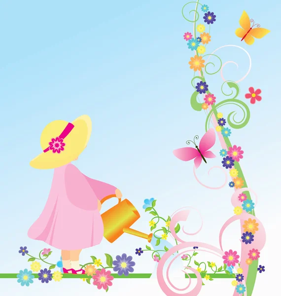 Vektor flicka i rosa klänning och gul hatt vattna blommorna i trädgården — Stock vektor