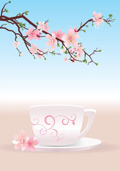 Tasse und blühender Sakura-Baum — Stockvektor