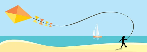 Vector panoramisch cartoon zonnige dag strand met witte boot in de blauwe zee en lopende kind met kite — Stockvector