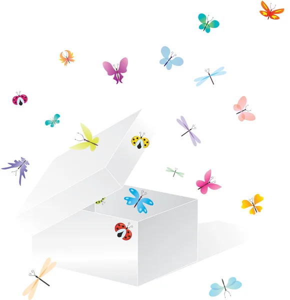 Vector caja blanca con mariposas de color volador — Archivo Imágenes Vectoriales