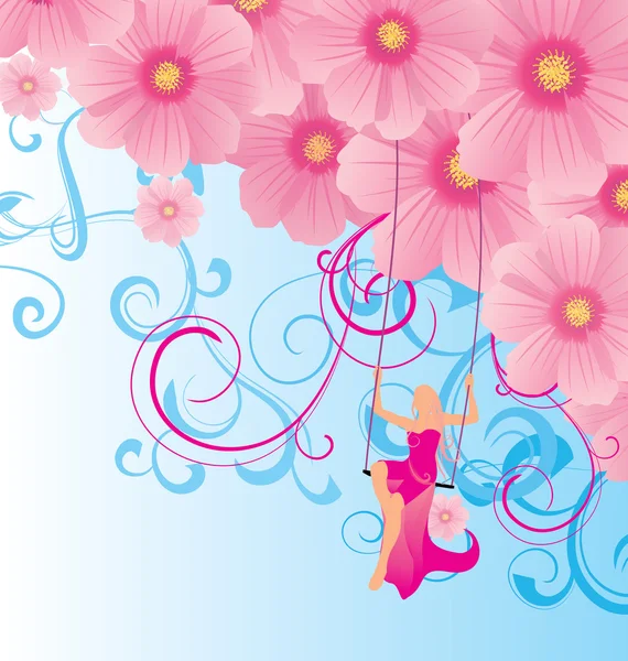 Fleurs roses cosmos et femme en robe assise sur les balançoires — Image vectorielle