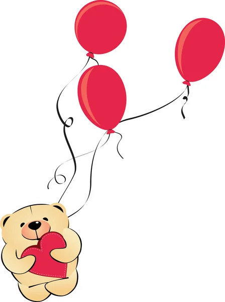 Ursinho de pelúcia com coração voando em três balões vermelhos vetor —  Vetores de Stock