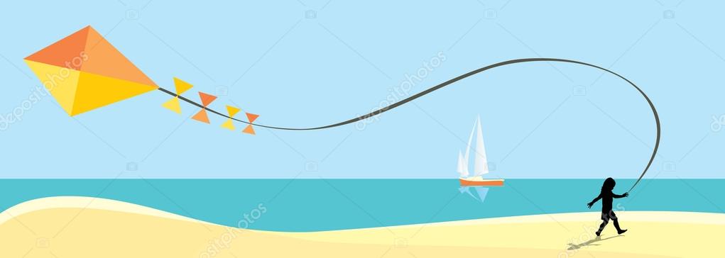 A Day At The Beach Ocean Sea Summer Fun Flying Kite Sailboats Nautical Print