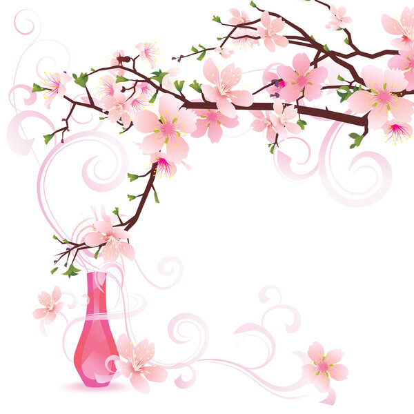 vector illustration of pink sakura with parfume bottle, high detailed flowers
