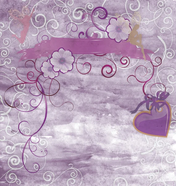 Violett älvor och hjärtan på färg papper grunge illustration — Stockfoto