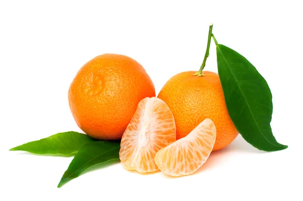 Verse mandarijnen met groene bladeren geïsoleerd op witte achtergrond — Stockfoto