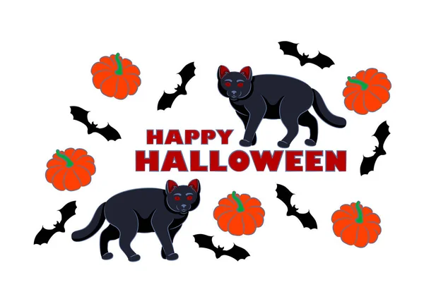 Halloween Background Pumpkins Cats Bats — Stock Vector