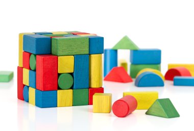 Toy blocks jigsaw cube, multicolor puzzle rubic  pieces on white