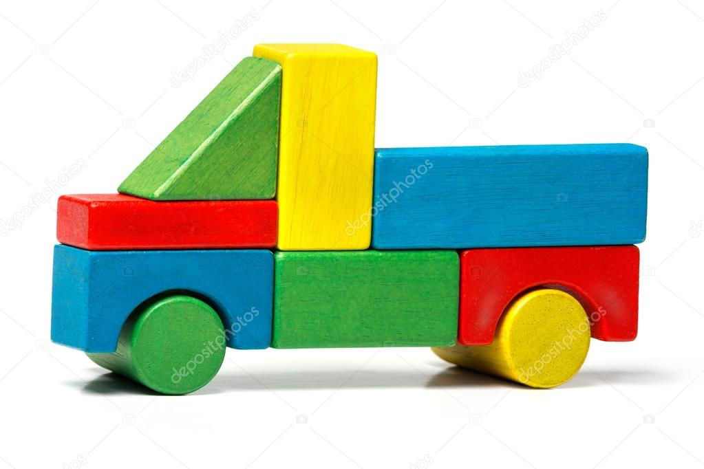 Toy truck, multicolor car wooden blocks, transport over white background