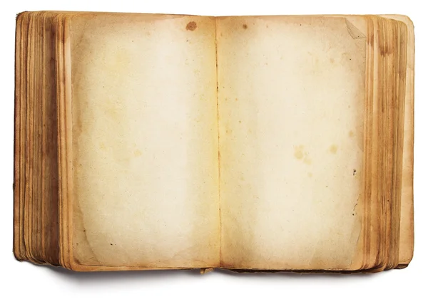 Oud boek lege pagina's openen, legen geel papier geïsoleerd op wit — Stockfoto
